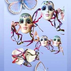 Decorative Pair of Ceramic Floral & Mother of Pearl Shine w/Colorful Ribbons